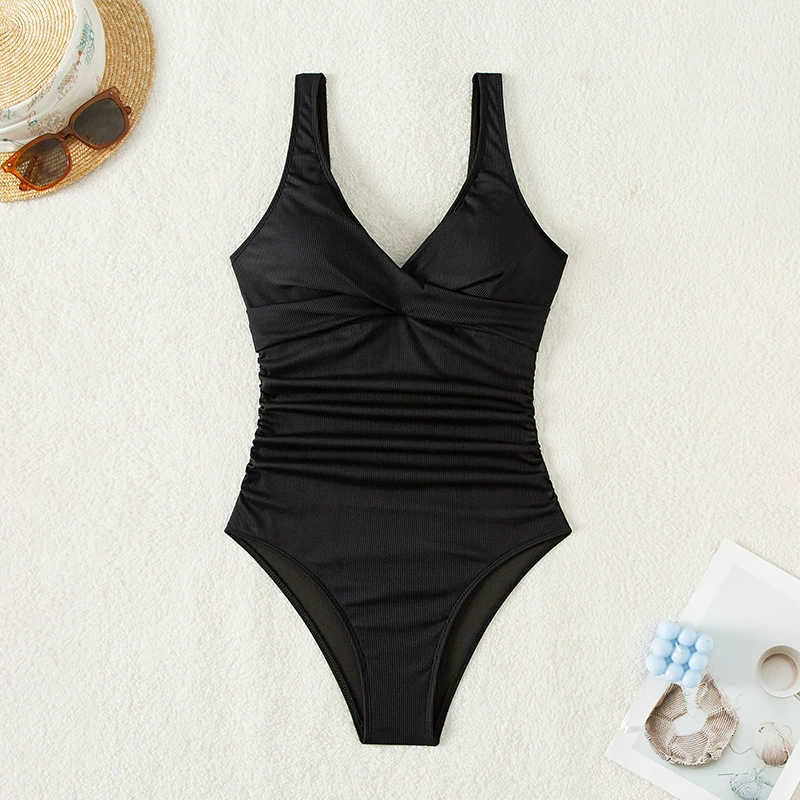 V-Neck Ruched One-Piece Swimsuit with Back Cutout