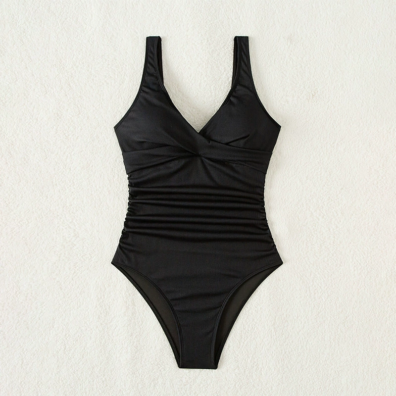 V-Neck Ruched One-Piece Swimsuit with Back Cutout view 4