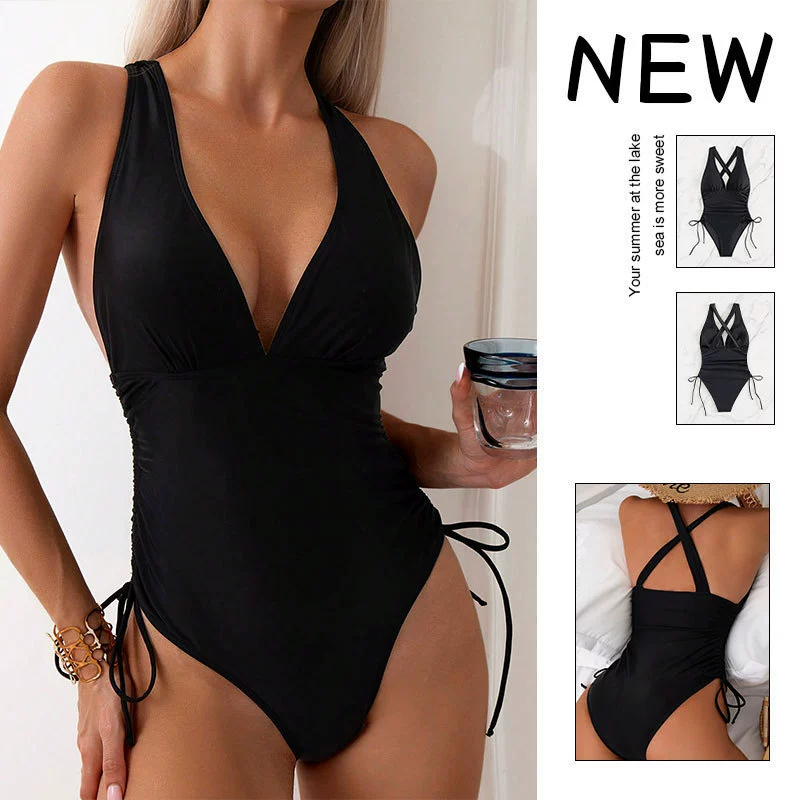 V-Neck Halter One-Piece Swimsuit with Crisscross Back and Side Ties