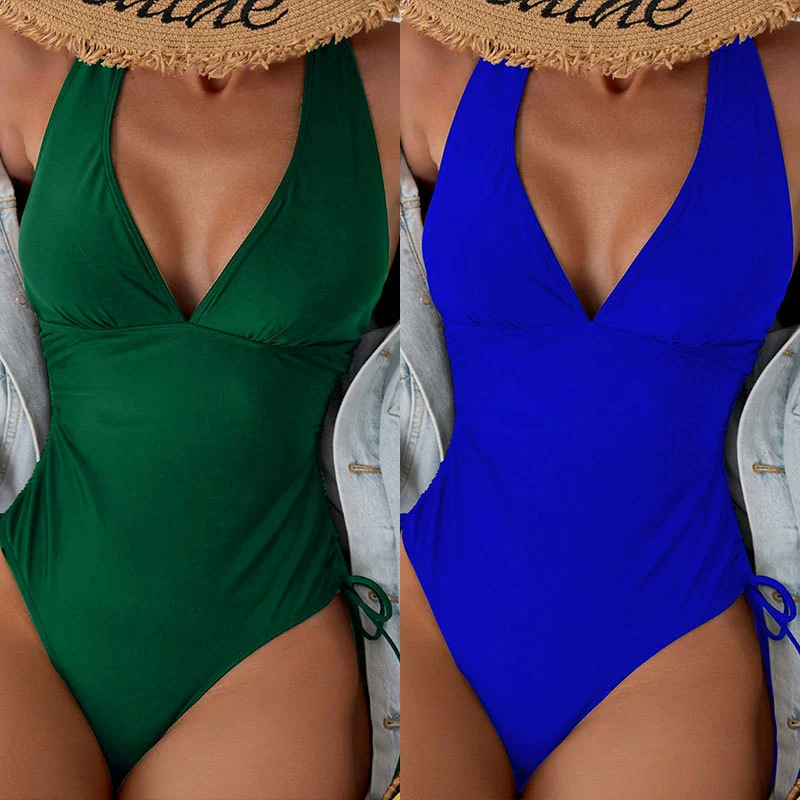 V-Neck Halter One-Piece Swimsuit with Crisscross Back and Side Ties