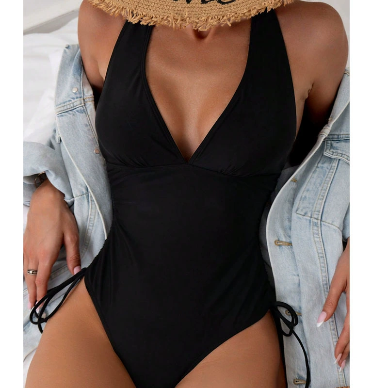 V-Neck Halter One-Piece Swimsuit with Crisscross Back and Side Ties view 3