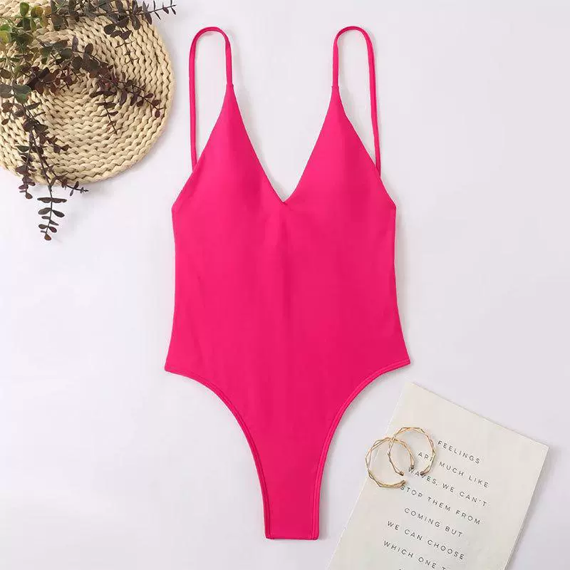 V-Neck Backless One-Piece Swimsuit with High Cut Legs