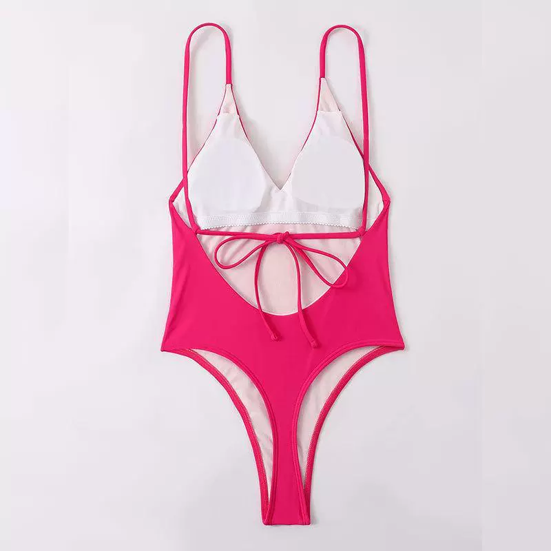 V-Neck Backless One-Piece Swimsuit with High Cut Legs