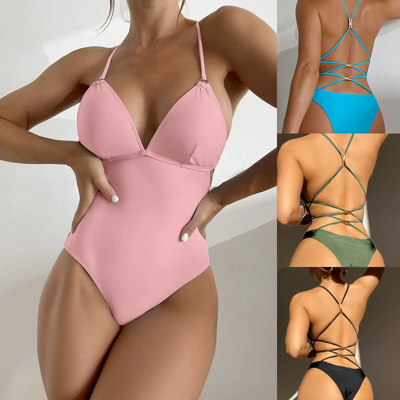 Women’s Deep V-Neck Strappy Back One-Piece Swimsuit