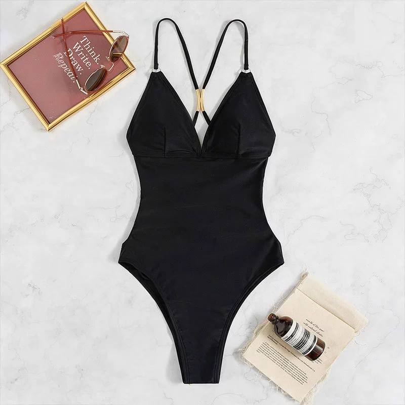 Women’s Deep V-Neck Strappy Back One-Piece Swimsuit