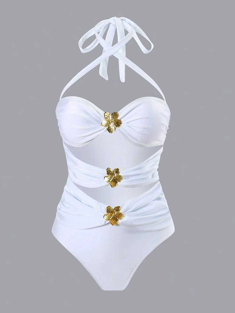 Women’s Halter Neck One-Piece Swimsuit with Matching Skirt