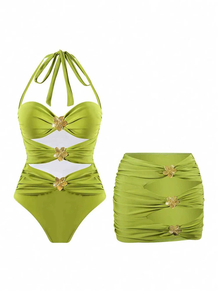Women’s Halter Neck One-Piece Swimsuit with Matching Skirt
