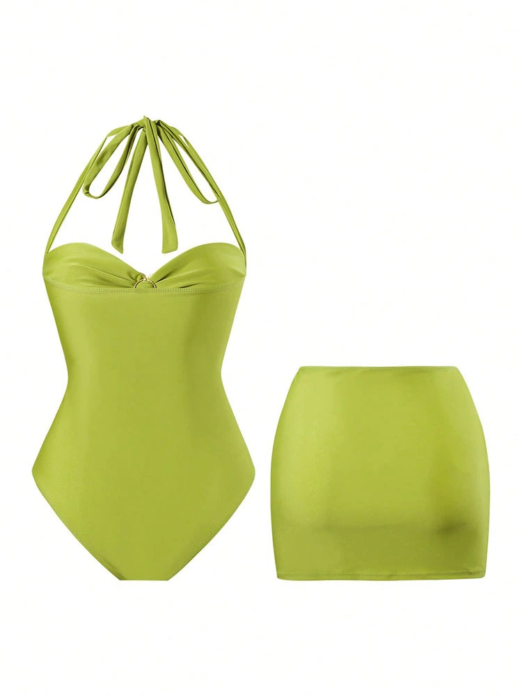 Women's Halter Neck One-Piece Swimsuit with Matching Skirt view 3
