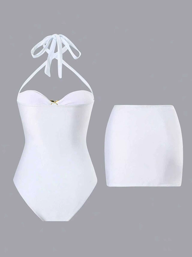 Women's Halter Neck One-Piece Swimsuit with Matching Skirt view 5