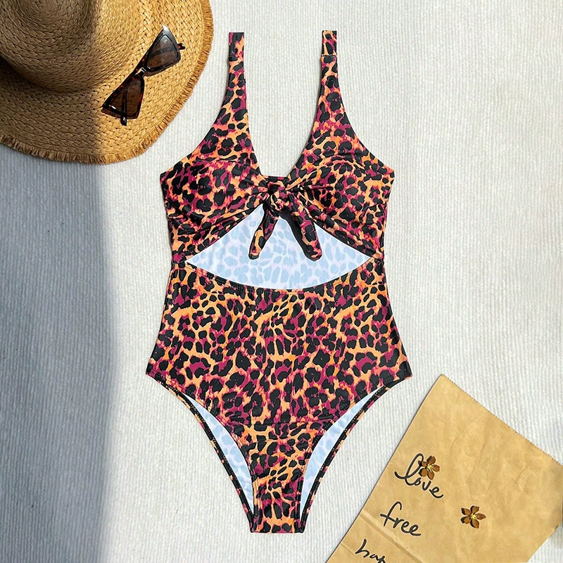 Women's V-Neck Cutout One-Piece Swimsuit with Front Knot view 6