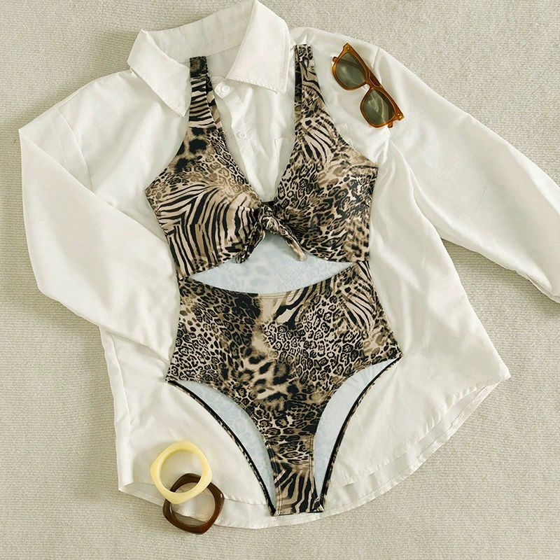 Women's V-Neck Cutout One-Piece Swimsuit with Front Knot view 7