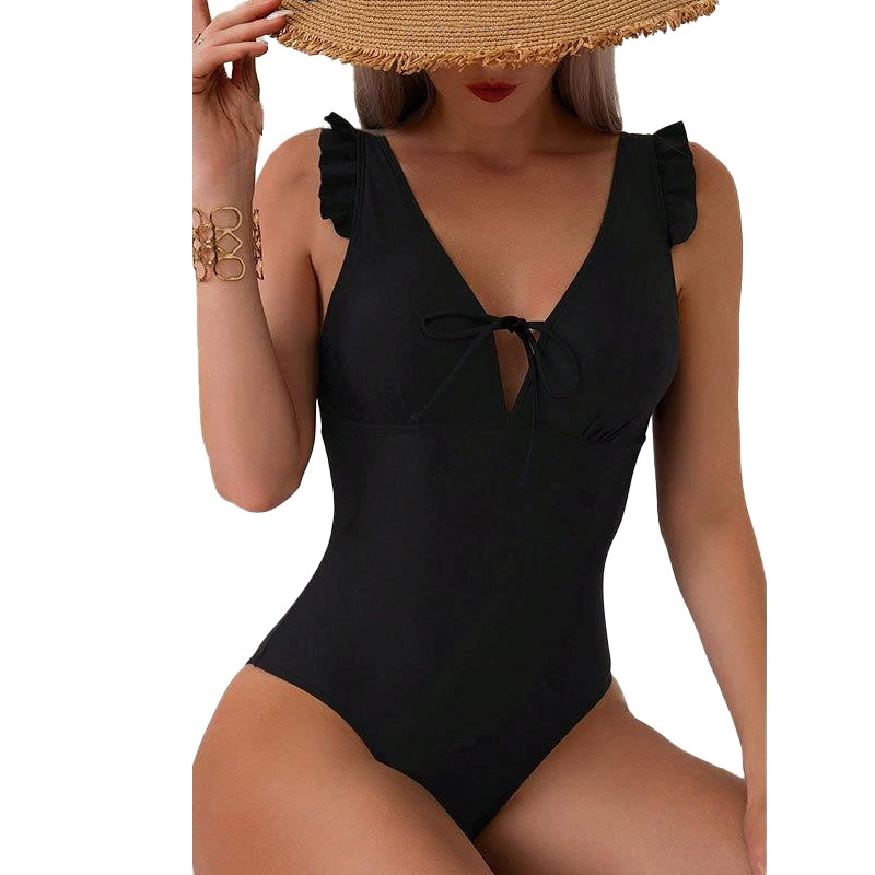Ruffle Strap Deep V One-Piece Swimsuit with Front Tie and Open Back