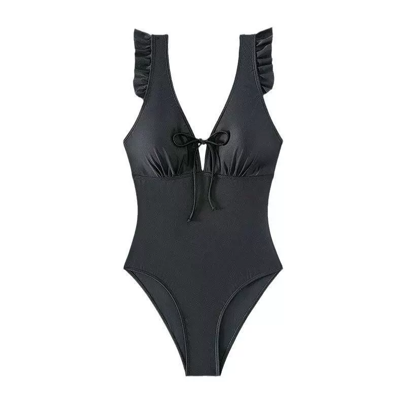 Ruffle Strap Deep V One-Piece Swimsuit with Front Tie and Open Back view 5