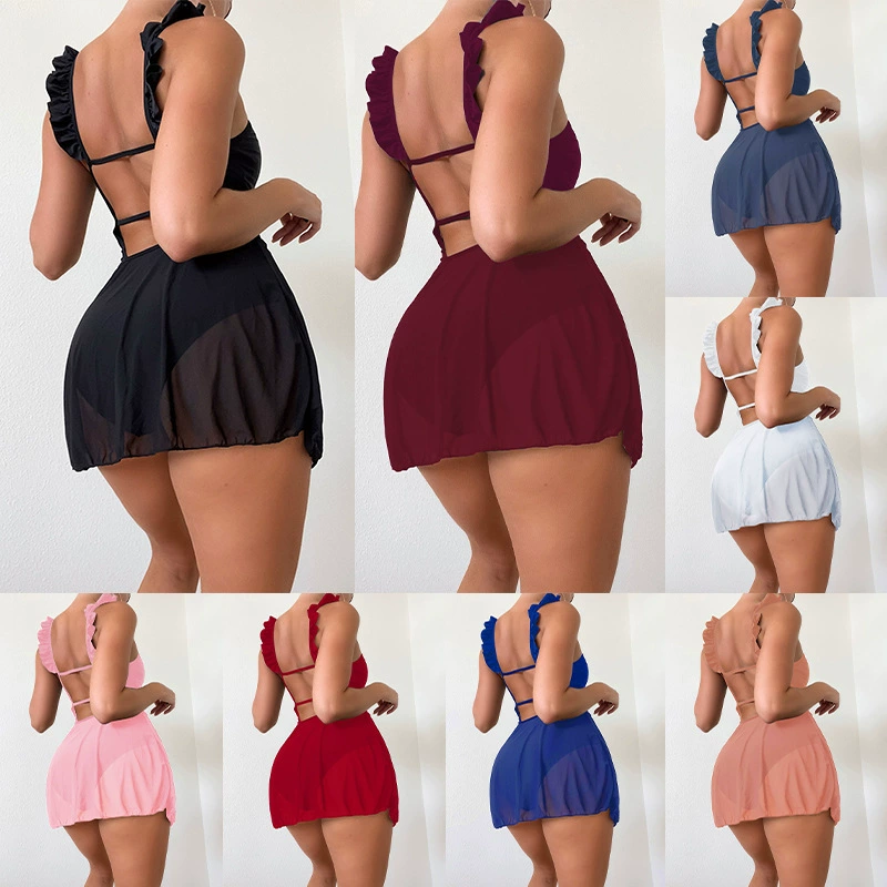 Ruffle Strap Backless One-Piece Swimsuit with Skirt