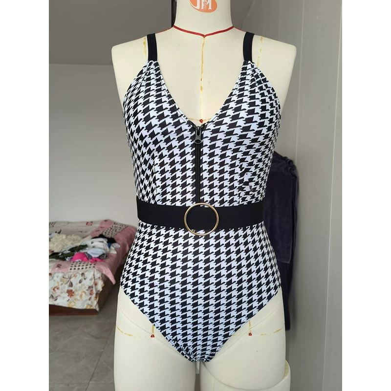 Adjustable Strap One-Piece Swimsuit with Belt and Front Zipper view 4
