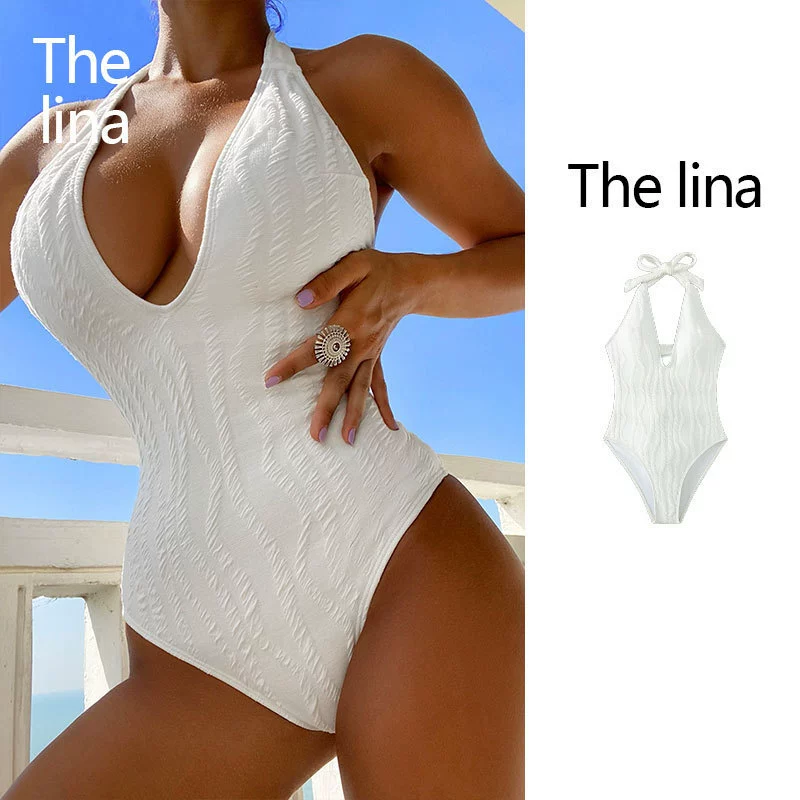 Halter Neck Plunge One-Piece Swimsuit with Open Back