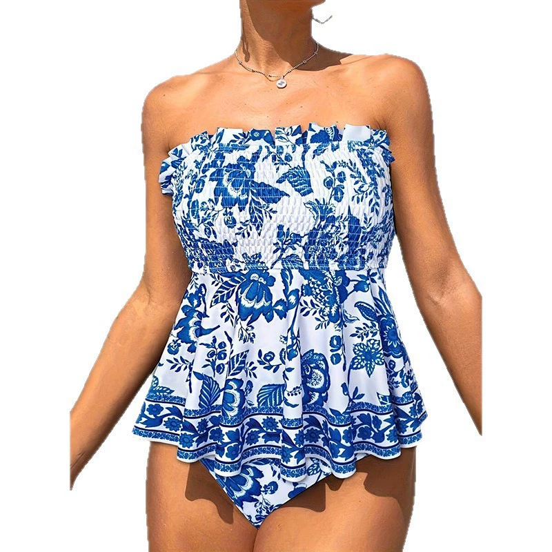 Smocked Bandeau One-Piece Swimsuit with Skirted Hem view 5