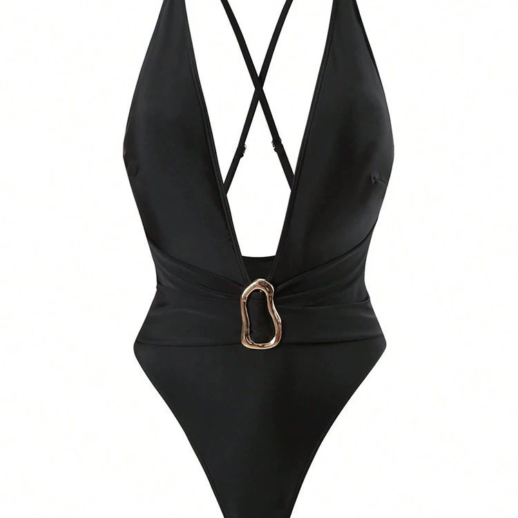 Women’s V-Neck One-Piece Swimsuit with Crisscross Straps and Metal Ring Detail
