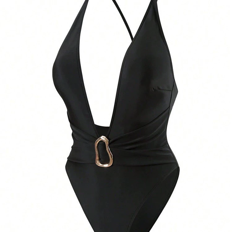 Women’s V-Neck One-Piece Swimsuit with Crisscross Straps and Metal Ring Detail