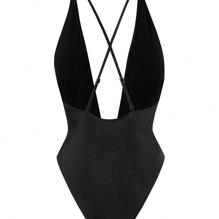 Women's V-Neck One-Piece Swimsuit with Crisscross Straps and Metal Ring Detail view 3