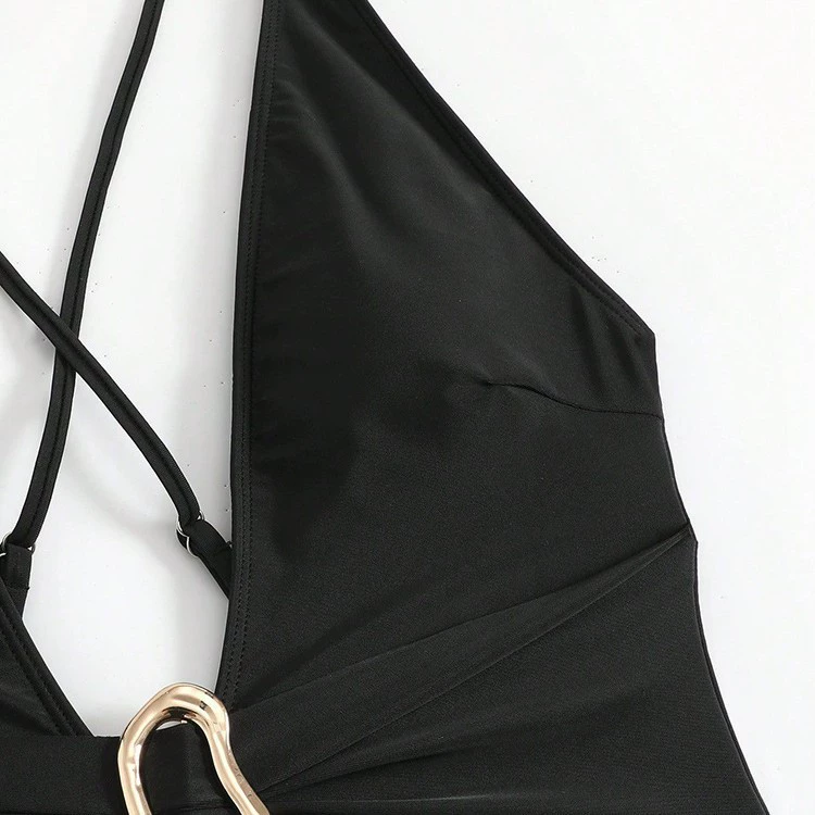 Women's V-Neck One-Piece Swimsuit with Crisscross Straps and Metal Ring Detail view 4