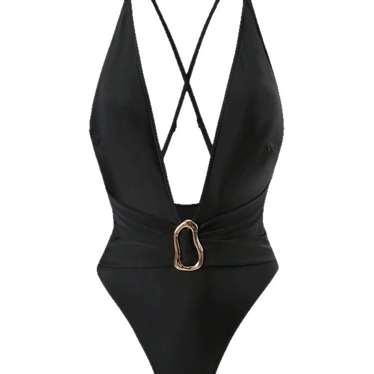 Women's V-Neck One-Piece Swimsuit with Crisscross Straps and Metal Ring Detail view 5