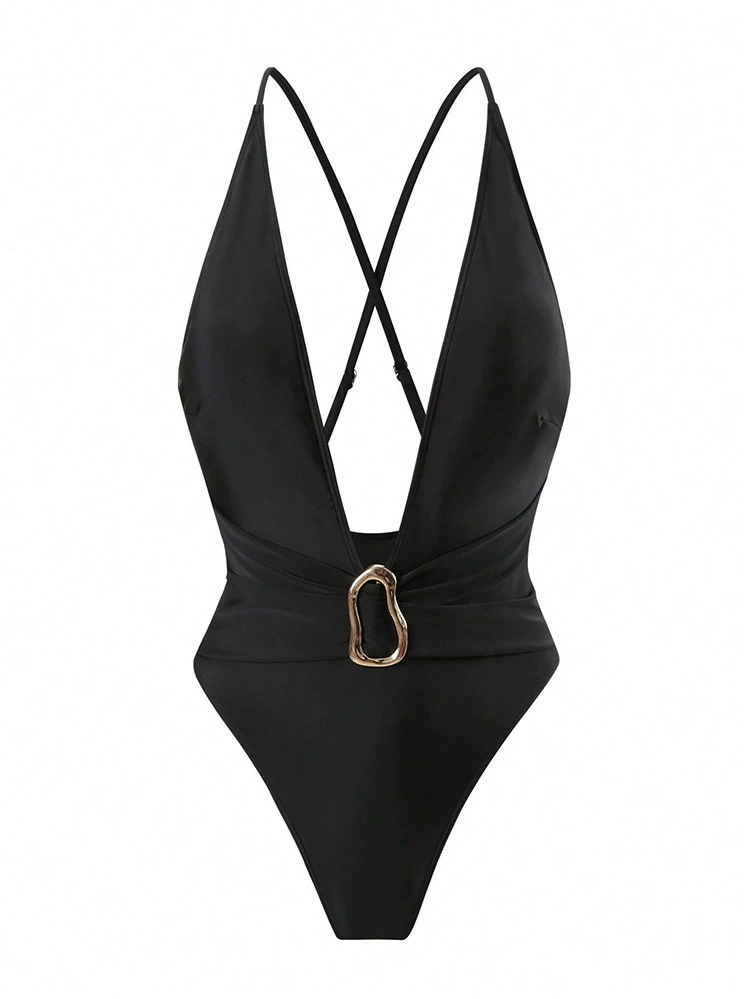 Women's V-Neck One-Piece Swimsuit with Crisscross Straps and Metal Ring Detail view 6