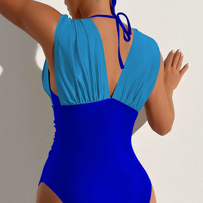 Women’s V-Neck Ruched One-Piece Swimsuit with Halter Straps