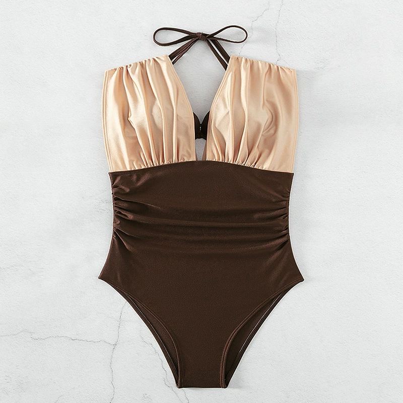 Women's V-Neck Ruched One-Piece Swimsuit with Halter Straps view 4