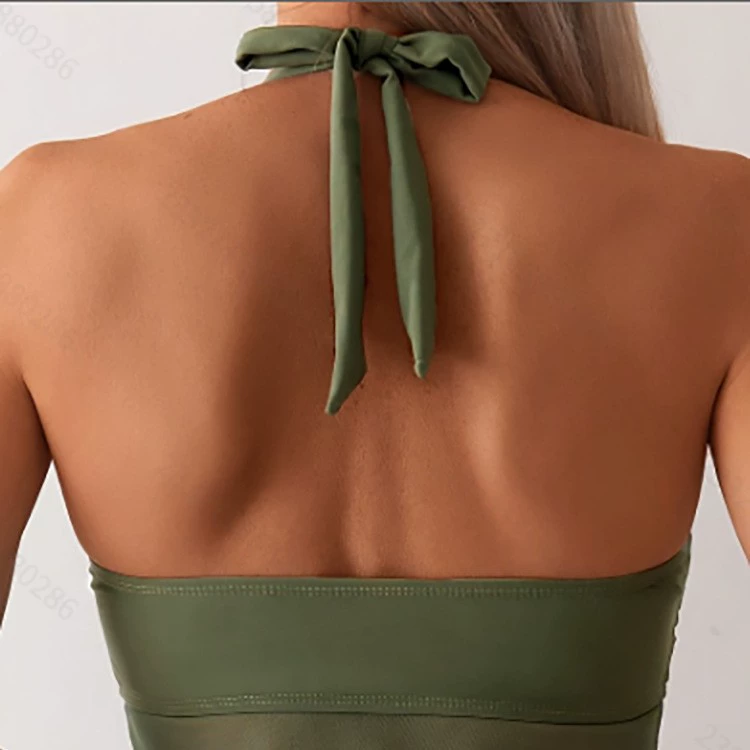 Halter Neck One-Piece Swimsuit with Skirted Bottom and Plunge V-Neck view 3