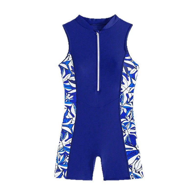 Sleeveless Zip Front Boy Leg One-Piece Swimsuit view 5