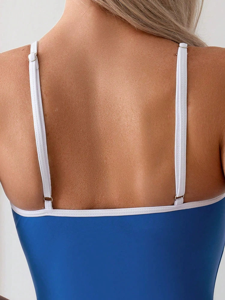 Women's Square Neck High Cut One-Piece Swimsuit with Adjustable Spaghetti Straps view 4
