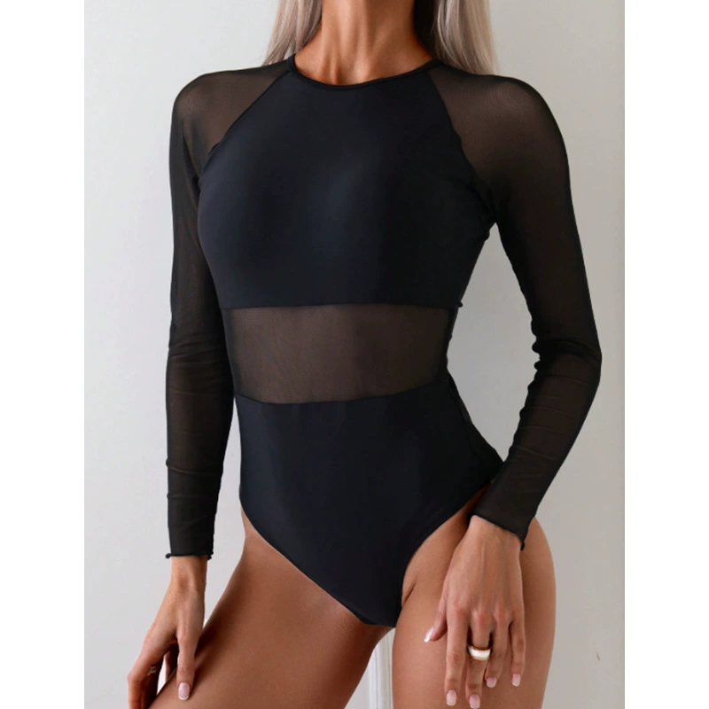 Women’s Long Sleeve One-Piece Swimsuit with Sheer Panels