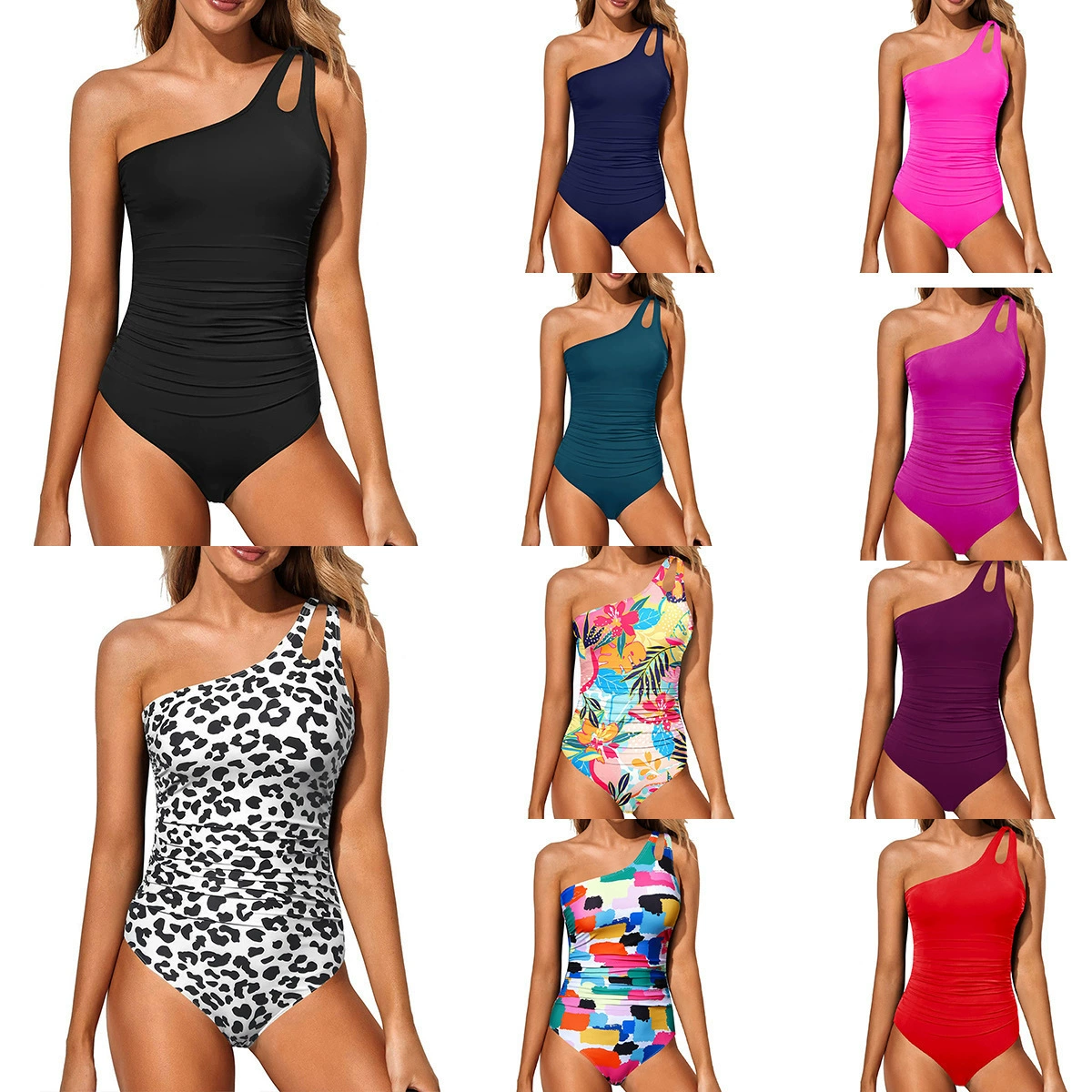 One-Shoulder Ruched One-Piece Swimsuit with Cutout