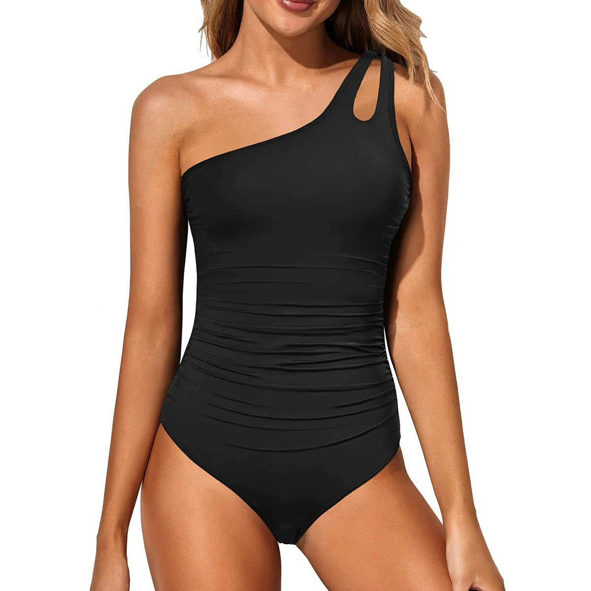 One-Shoulder Ruched One-Piece Swimsuit with Cutout