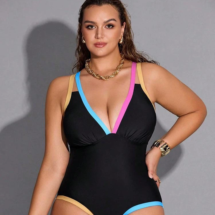 Plus Size Deep V One-Piece Swimsuit with Crisscross Back Tie view 3