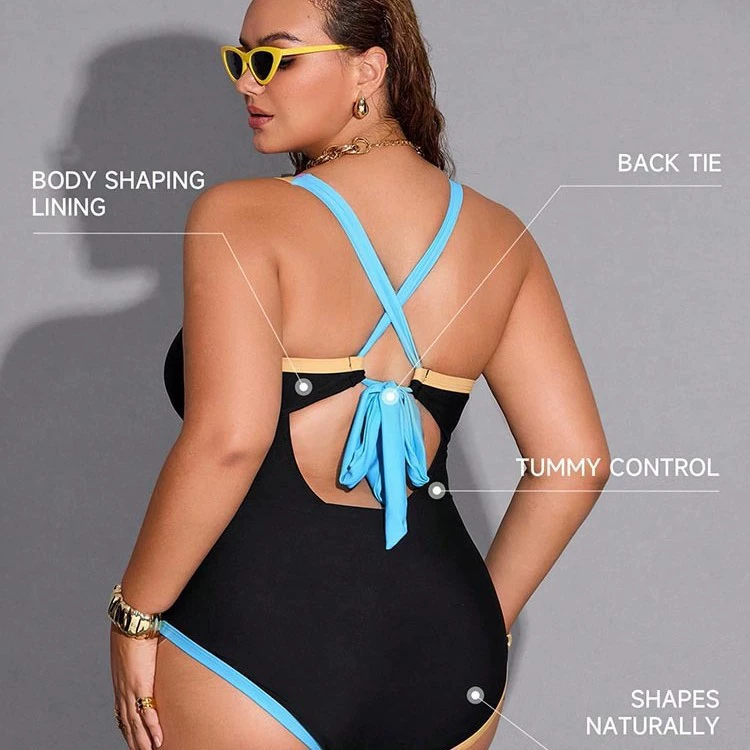 Plus Size Deep V One-Piece Swimsuit with Crisscross Back Tie view 4
