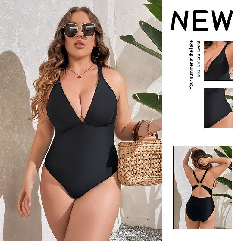 Plus Size V-Neck One-Piece Swimsuit with Open Back and Ring