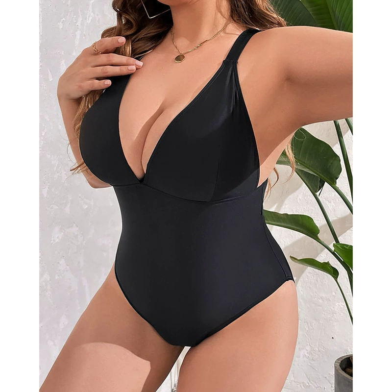 Plus Size V-Neck One-Piece Swimsuit with Open Back and Ring view 3