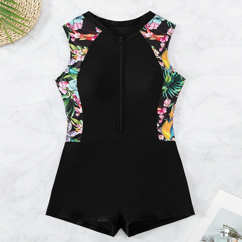 One-Piece Zip-Front Boyleg Swimsuit with Short Sleeves view 3