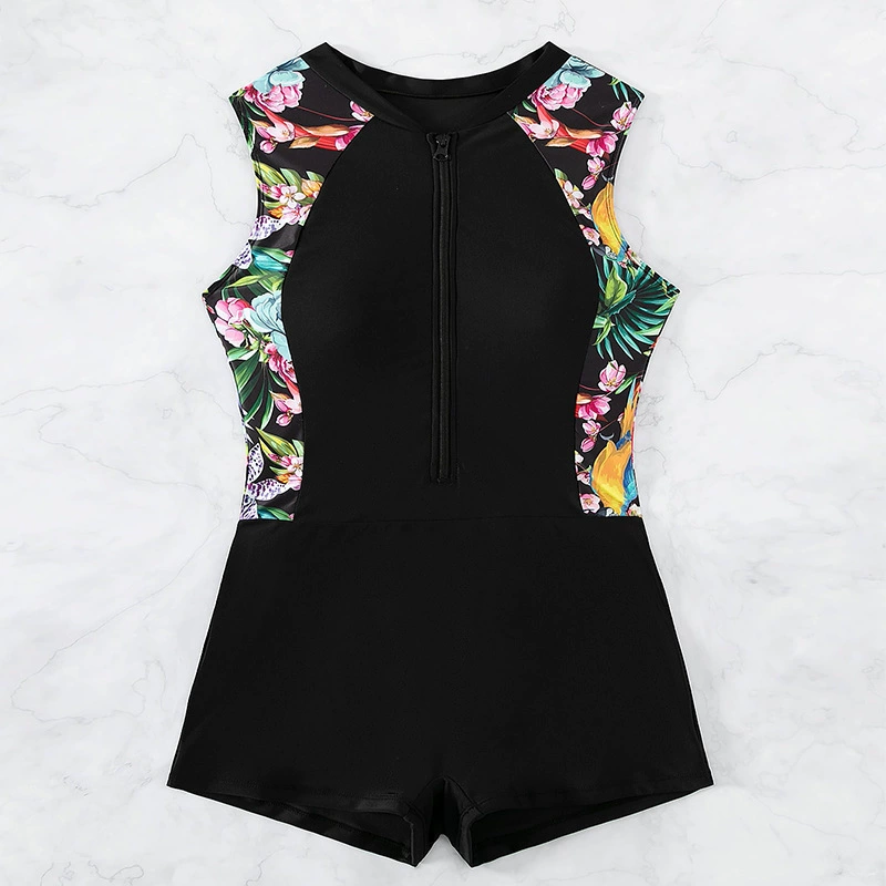One-Piece Zip-Front Boyleg Swimsuit with Short Sleeves view 6