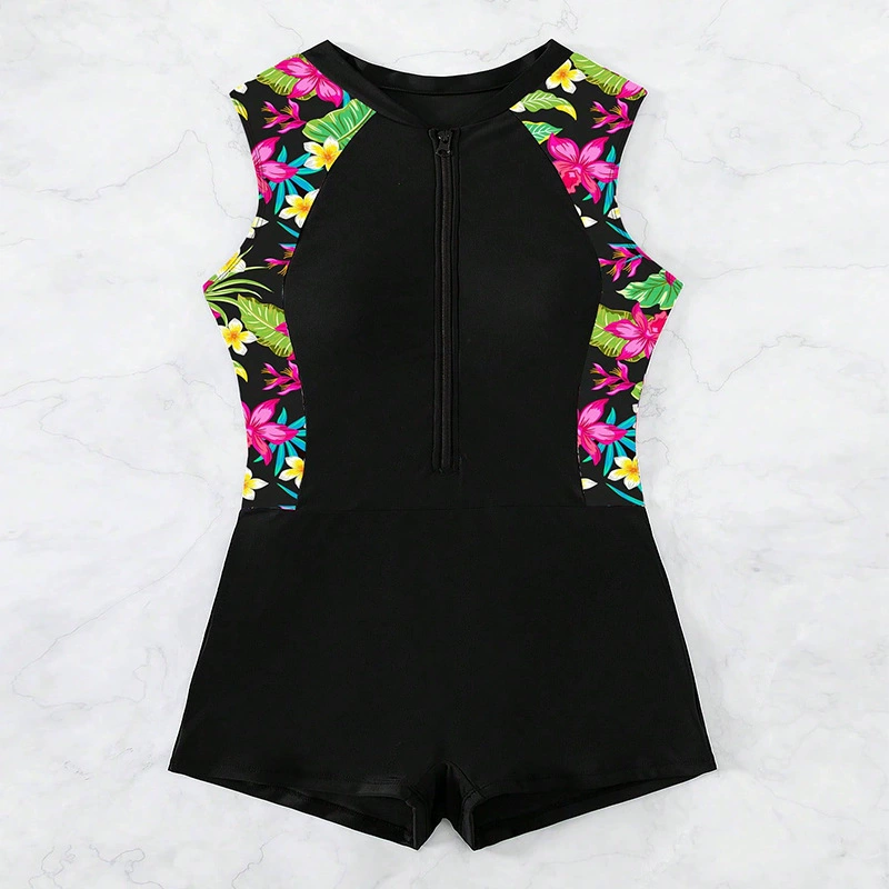 One-Piece Zip-Front Boyleg Swimsuit with Short Sleeves view 7
