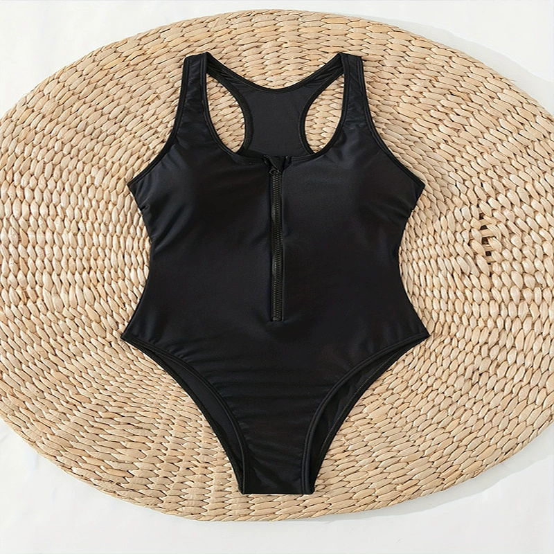 Zip Front One-Piece Swimsuit with Cutout Back