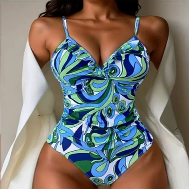 V-Neck Ruched One-Piece Swimsuit with Spaghetti Straps view 6