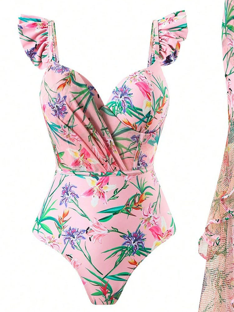 V-Neck Ruffle Sleeve One-Piece Swimsuit with Sheer Skirt Cover-Up