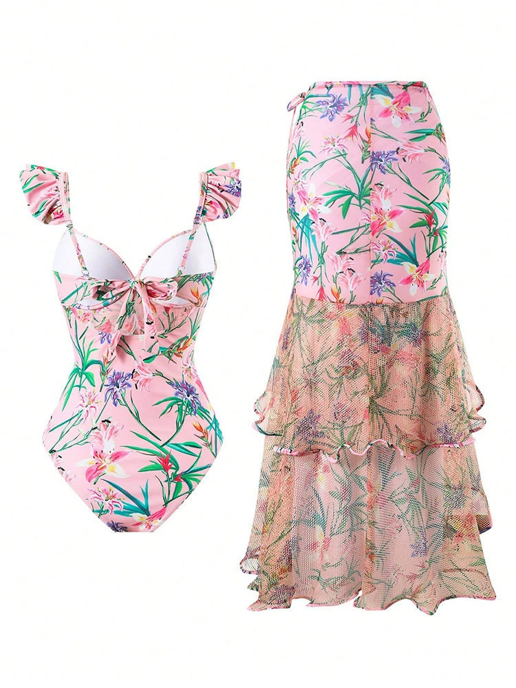 V-Neck Ruffle Sleeve One-Piece Swimsuit with Sheer Skirt Cover-Up view 5