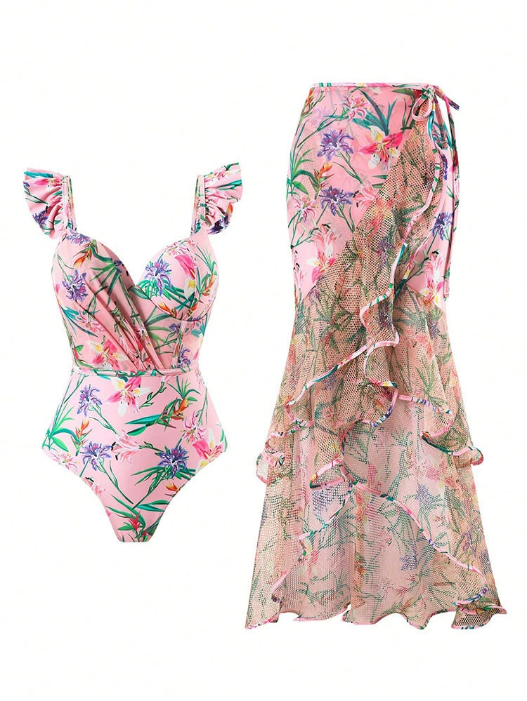 V-Neck Ruffle Sleeve One-Piece Swimsuit with Sheer Skirt Cover-Up view 6