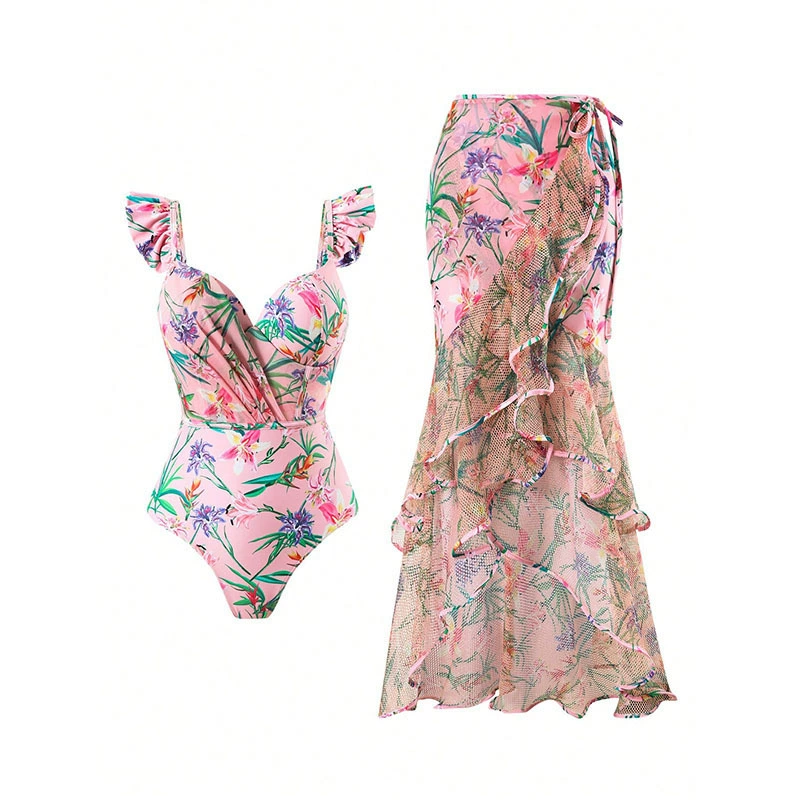 One-Piece Swimsuit and Ruffle Skirt Set