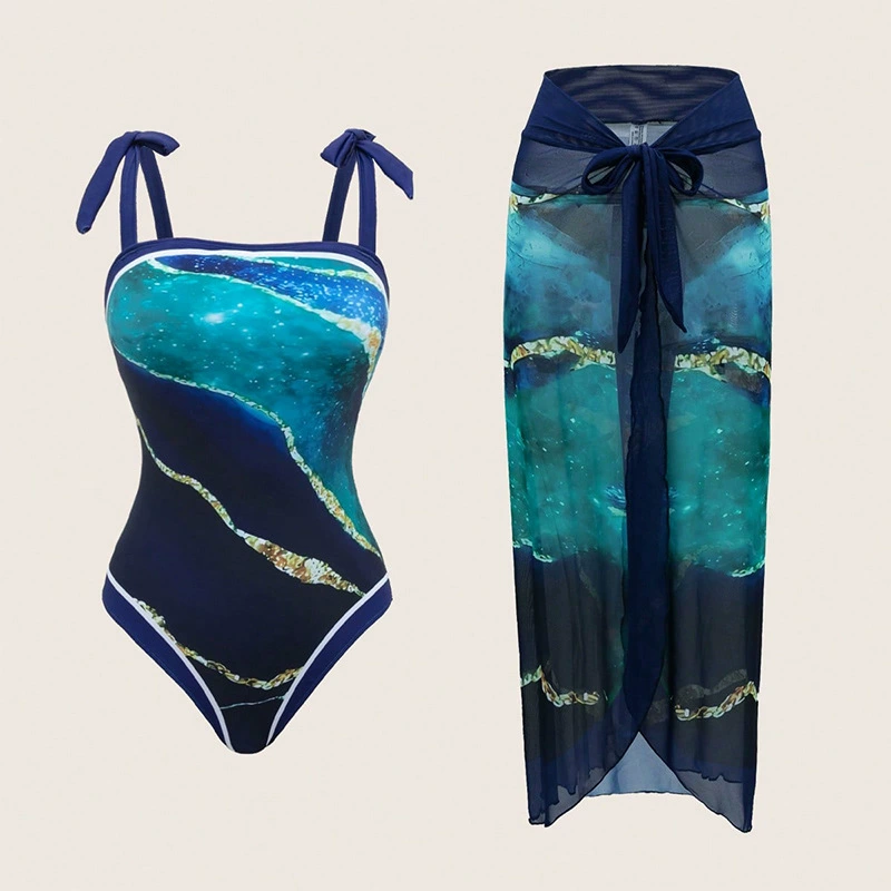 Two-Piece Swimsuit Set with Tie-Shoulder One-Piece and Sarong