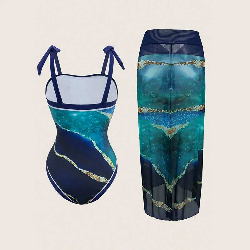 Two-Piece Swimsuit Set with Tie-Shoulder One-Piece and Sarong